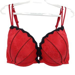 Cacique Red & Black Floral Embossed Lace Trim Bra Padded Underwire Sexy 40DD
